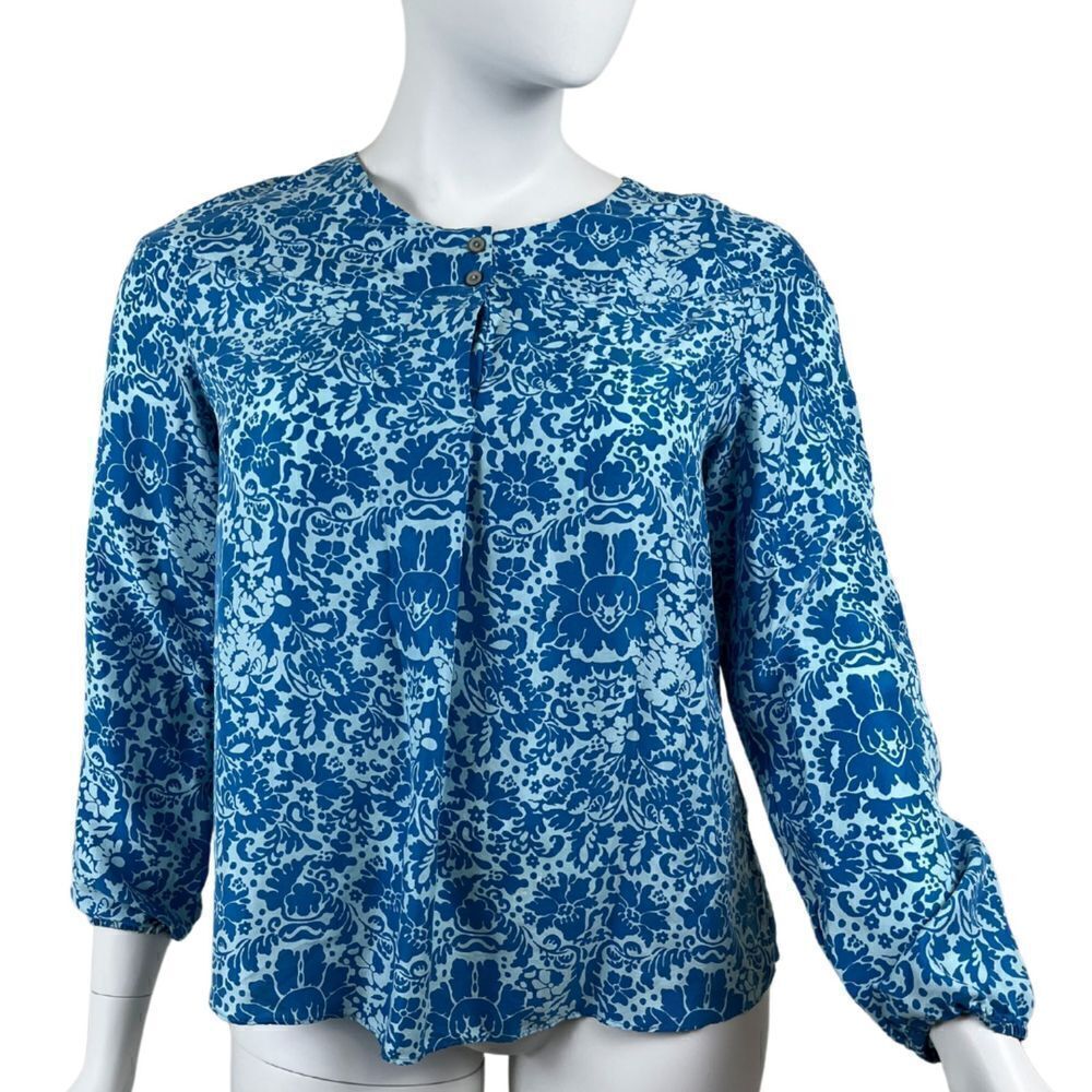 Sundance Womens Size XL Blue Floral Silk Pullover Blouse NEW Top Bishop Sleeve